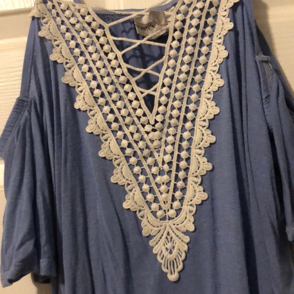 Blue & white off the shoulder shirt. Work once. - Picture 2 of 3